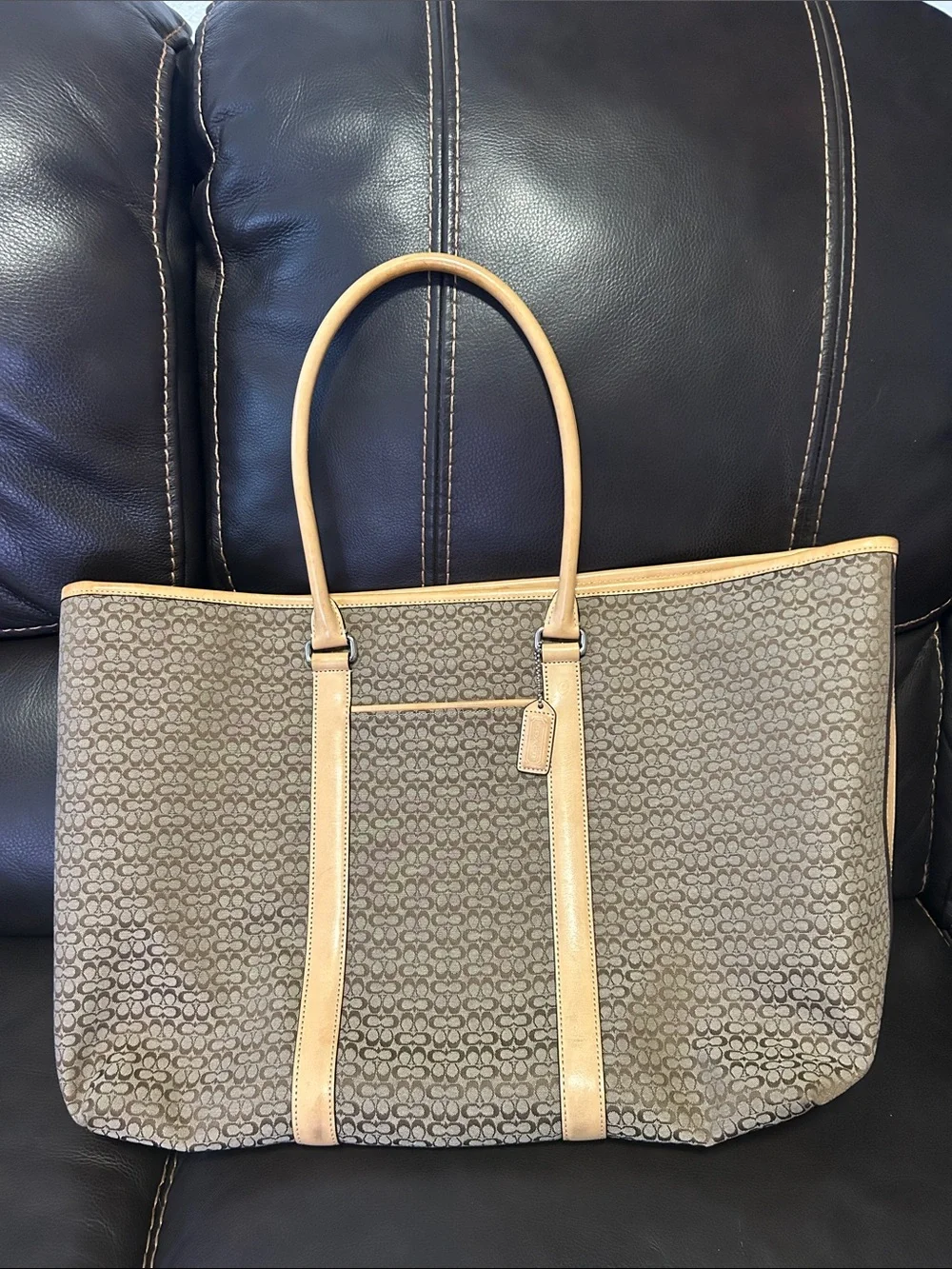 Tan Patterned Tote Bag with Leather Trim